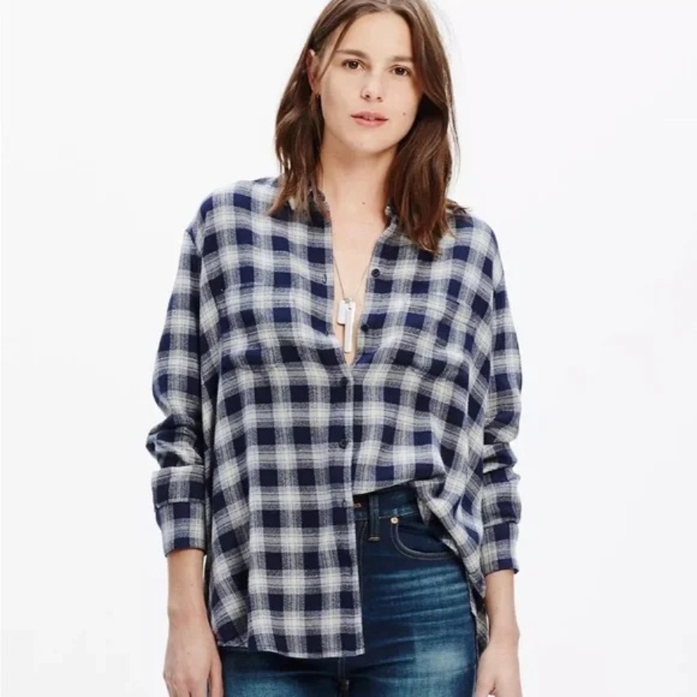 Madewell Plaid Navy Blue and White Button-Up Women's Flannel Top Size XXS